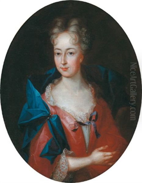 Bildnis Einer Hofdame In Einem Roten, Seidenen Spitzenbesetzten Kleid Oil Painting by Johann Peter Feuerlein