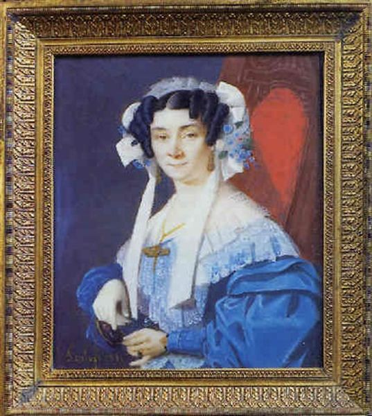 Une Femme En Robe De Soie Bleue A Large Col De Dentelle, Comme Sa Coiffe, Piquee De Fleurs Oil Painting by Alexandre-Louis Feulard