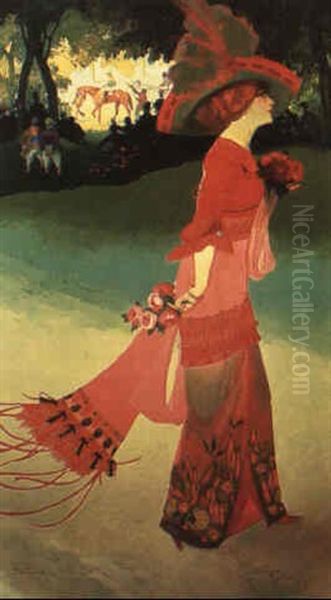 Femme En Rouge Ou Elegante Aux Courses Oil Painting by Georges de Feure