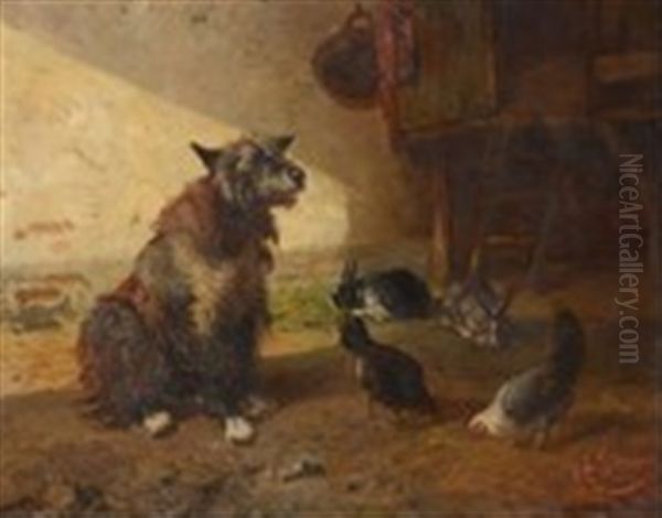 Chien, Lapins Et Poules Oil Painting by Charles Antoine Joseph Fevrier