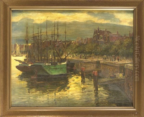 Hollandische Hafenpromenade Mit Ankernden Schiffen Und Figurenstaffage by Carl Fey