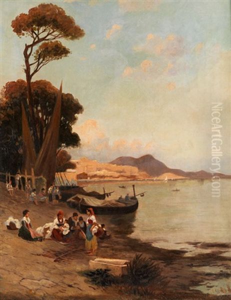 Abendliche Uferszene Mit Fischerfamilien Und Anliegenden Booten Im Golf Von Sorent Oil Painting by Carl Fey