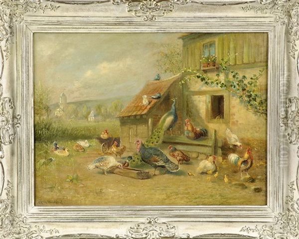 Geflugelhof Mit Pfau, Truthahn, Enten U. Huhnern Oil Painting by Carl Fey