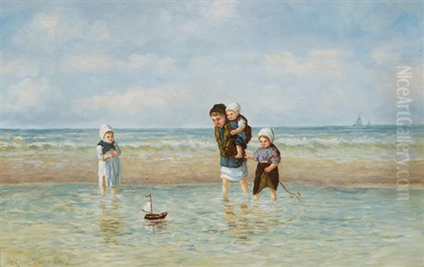 Children Playing On A Beach Of The North Sea Oil Painting by Carl Fey