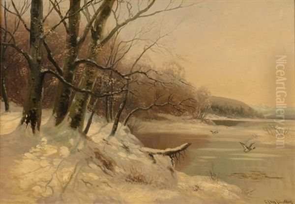 Winterliche Seenlandschaft Mit Fliegenden Wildenten Oil Painting by Carl Fey