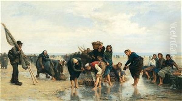 Oyster Fisherwomen On A Bustling Beach Oil Painting by Eugene Feyen