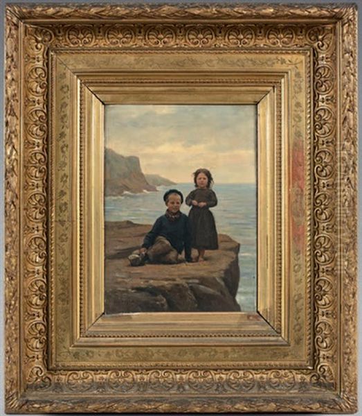 Deux Enfants Sur Un Rocher En Bord De Mer Oil Painting by Eugene Feyen