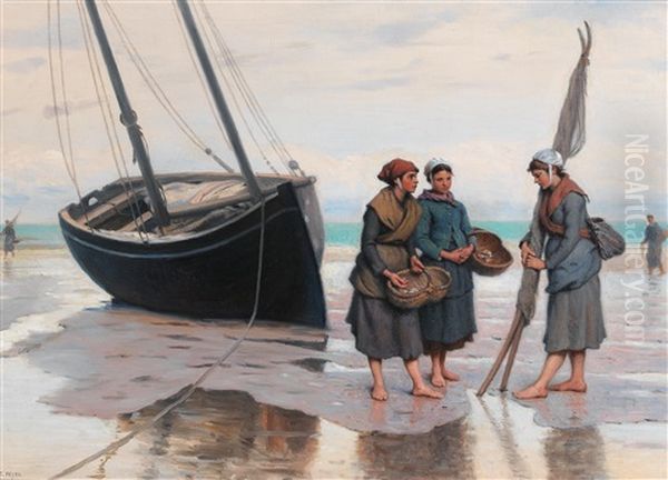 Oyster Gatherers On The Beach At Cancale Oil Painting by Eugene Feyen