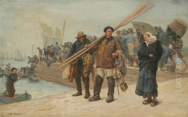 Embarquement Des Pecheurs Bretons Oil Painting by Jacques Eugene Feyen