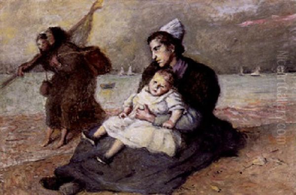 Femme De Marin Et Son Enfant Devant La Rade Oil Painting by Jacques Eugene Feyen