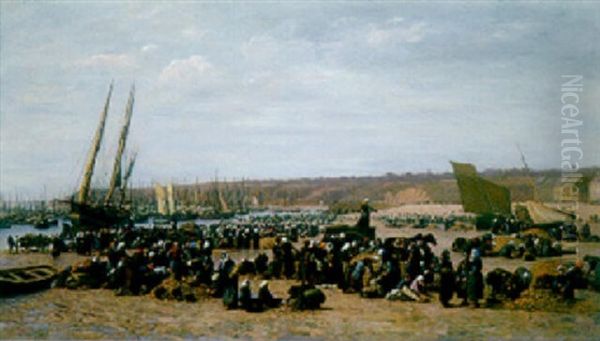 Oyster Gathering At Cancale Oil Painting by Jacques Eugene Feyen