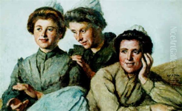 Les Trois Jeunes Bretonnes Oil Painting by Jacques Eugene Feyen