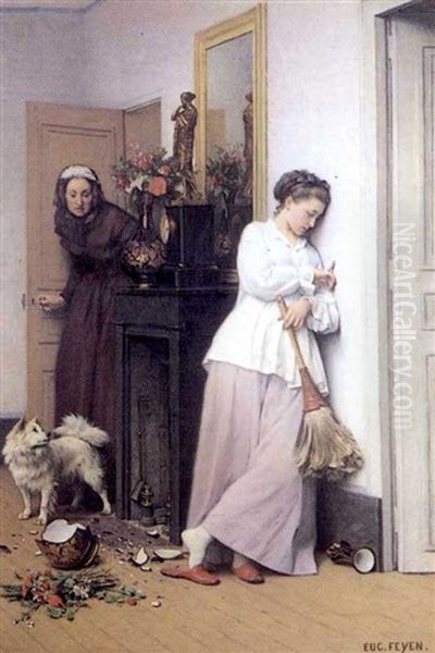 A Domestic Incident Oil Painting by Jacques Eugene Feyen