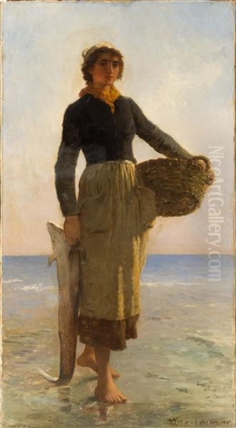 Full-length Portrait Of A Fisherwoman Standing Onshore Oil Painting by Francois Nicolas Augustin Feyen-Perrin