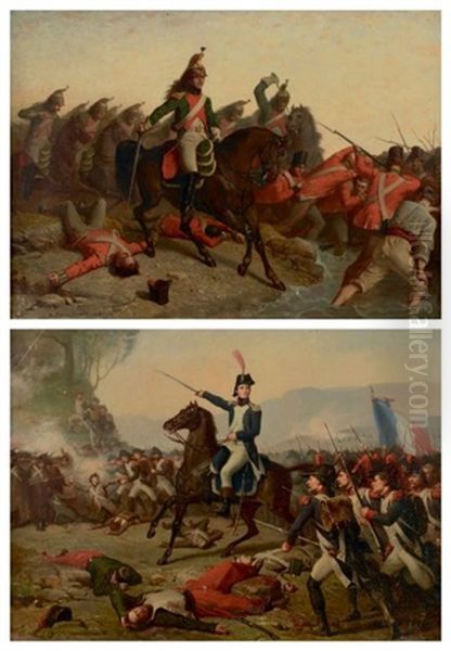 Charge De Cavalerie Scene Des Guerres D'italie (2 Works) Oil Painting by Francois Nicolas Augustin Feyen-Perrin