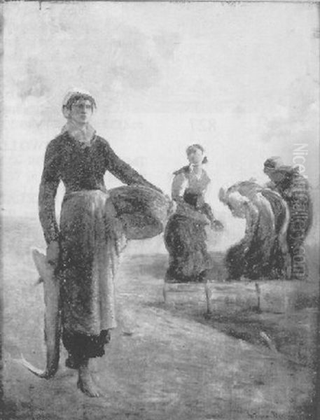 Women On A Beach Collecting Shellfish Oil Painting by Francois Nicolas Augustin Feyen-Perrin