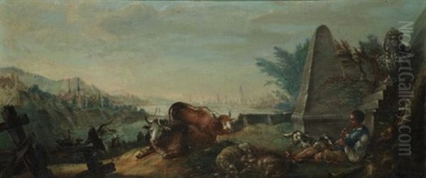 Landschaft Mit Pastoraler Szene (+ Landschaft Mit Galanter Szene, Lrgr; 2 Works) Oil Painting by Franz Feyerabend