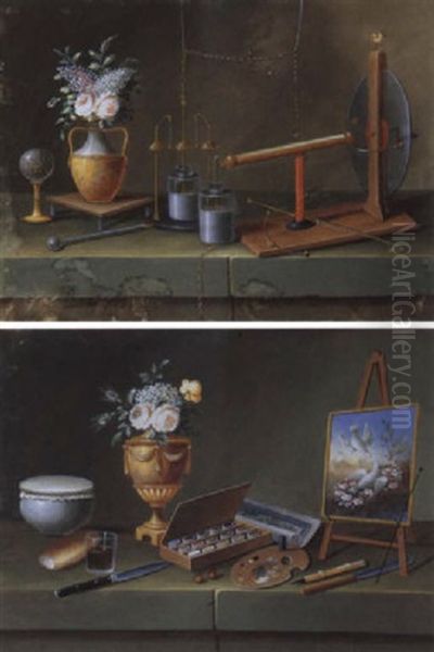 Physikalische Instrumente Und Blumenvase Auf Einer Steinplatte Oil Painting by Johann Rudolff Feyerabend