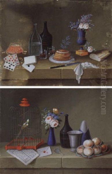 Flaschen, Weinglaser, Brot, Eine Pastete, Spielkarton, Jetons Und Eine Blumenvase Auf Einer Steinplatte Oil Painting by Johann Rudolff Feyerabend