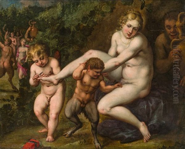 Venus Und Amor Mit Einem Satyr Oil Painting by Paolo Fiammingo