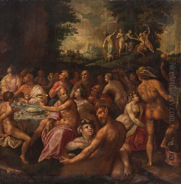 Gottermahl: Die Hochzeit Des Peleus Und Der Gottin Thetis; Eris, Die Gottin Der Zwietracht Erscheint Und Wirft Einen Apfel Zwischen Die Gaste; Oben: Das Paris-urteil Oil Painting by Paolo Fiammingo