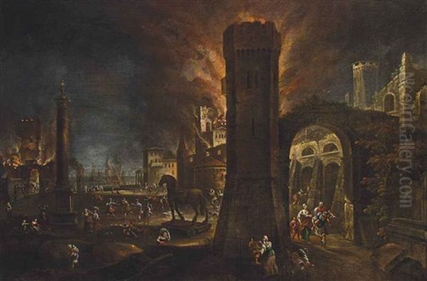 The Siege Of Troy, With Aeneas Carrying His Father Anchises Oil Painting by Paolo Fiammingo