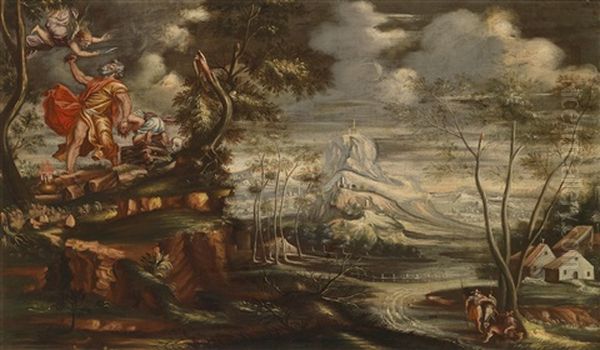 Landschaft Mit Dem Opfer Isaaks (+ Landschaft Mit Jakob Und Dem Brennenden Dornbusch; Pair) Oil Painting by Paolo Fiammingo