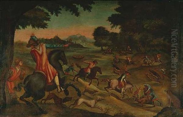 Hofische Jagd Auf Hirsch Und Wildschein Vor Einer Bewaldeten Fluslandschaft Oil Painting by Paolo Fiammingo