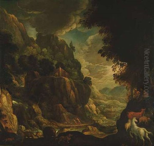 Phantastische Gebirglandschaft Mit Der Versuchung Des Hl. Antonius Oil Painting by Paolo Fiammingo