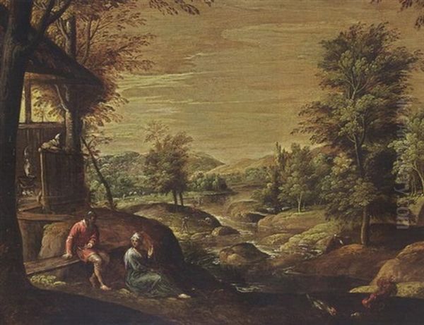 A Wooded Landscape With A Couple Conversing In The Foreground Together With Chickens, Huntsmen In The Background Oil Painting by Paolo Fiammingo