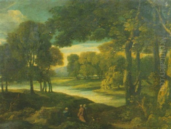 Paesaggio Fluviale Con Tre Astanti In Costume Classico Oil Painting by Paolo Fiammingo