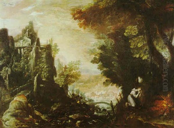 Gebirgige Waldlandschaft Mit Blick Auf Eine Stadt, Rechts Ein Knieender Monch Vor Einem Feuer Oil Painting by Paolo Fiammingo