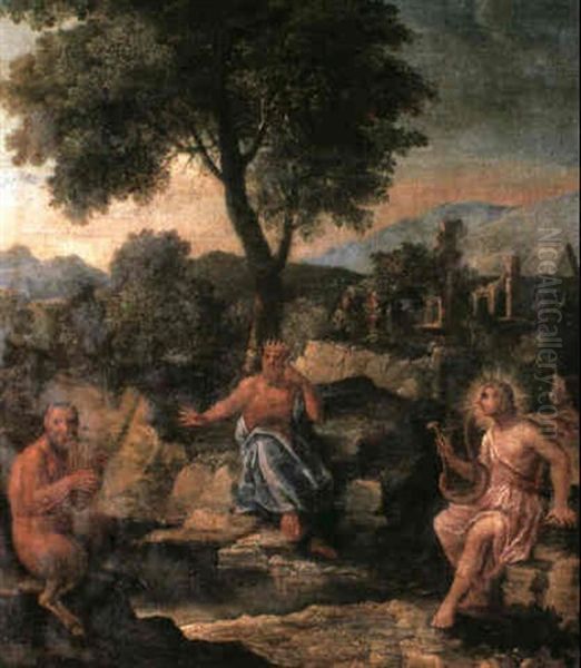 Midas, Orpheus And Selinus Seated Beside A River Oil Painting by Paolo Fiammingo