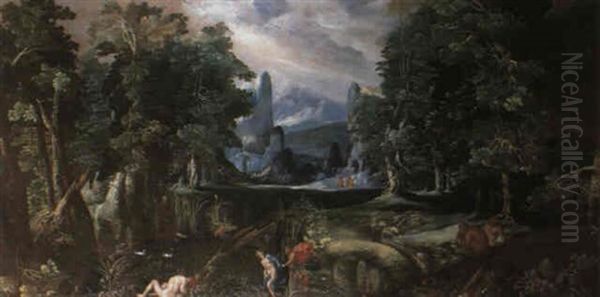 Pan And Syrinx With Bathing Nymphs Oil Painting by Paolo Fiammingo