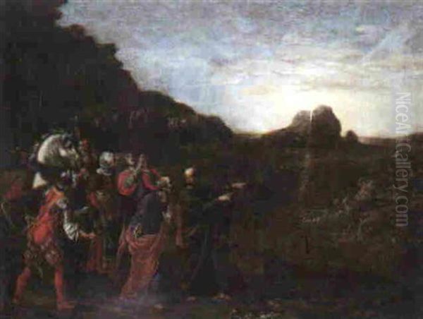 Moses And The Israelites Watching From The Shore As Pharaoh And The Egyptian Army Are Engulfed By The Red Sea Oil Painting by Domenico Fiasella