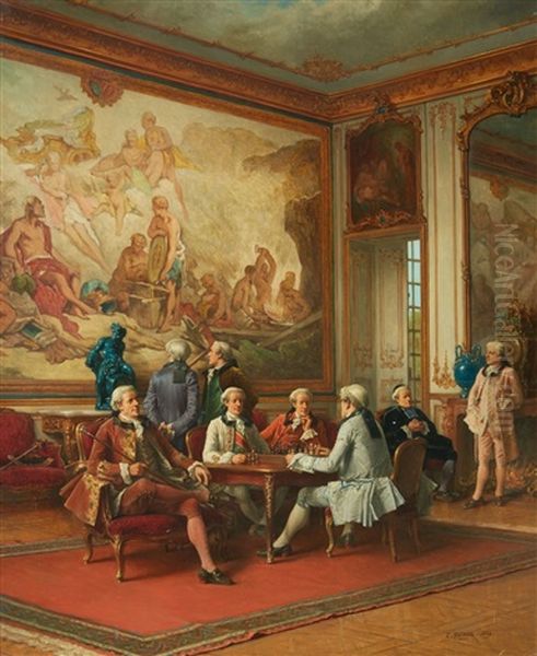 A Rococo Interior With Gentlemen Playing Ches Oil Painting by Benjamin Eugene Fichel