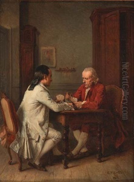 Les Joueurs De Cartes Oil Painting by Benjamin Eugene Fichel