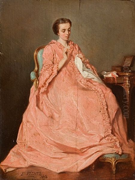 Dame In Lachsfarbenem Kleid Beim Sticken Oil Painting by Benjamin Eugene Fichel