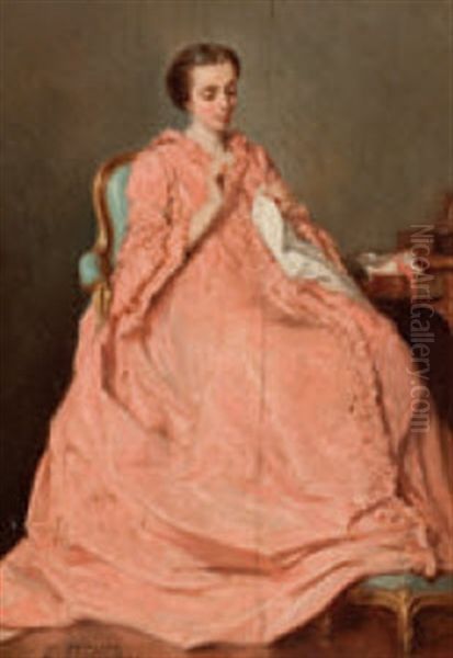 Dame In Lachsfarbenem Kleid Beim Sticken Oil Painting by Benjamin Eugene Fichel