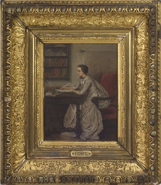 Woman Seated At A Writing Table Oil Painting by Benjamin Eugene Fichel