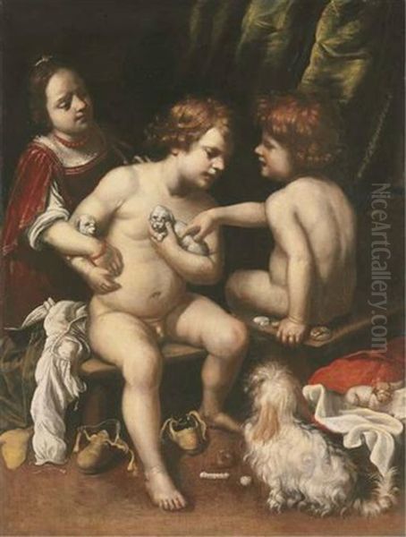 A Girl And Two Seated Boys Holding Puppies With A Dog At Their Feet Oil Painting by Felice Ficherelli