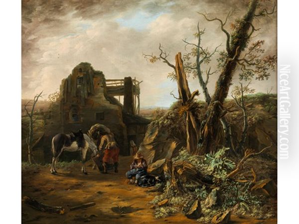 Landschaft Mit Rastenden Pferden Und Einer Verfallenen Hutte Oil Painting by Nicolaes Ficke