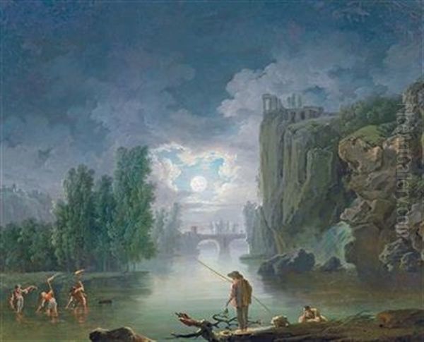 A Moonlit River Landscape With Fishermen Working By Torchlight by Francesco Fidanza