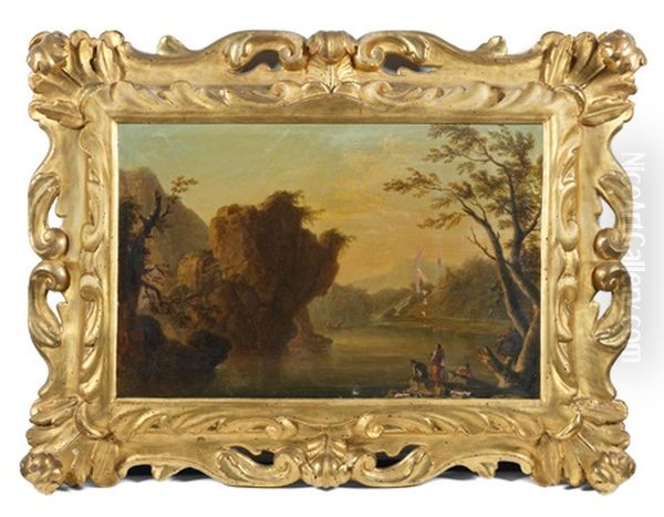 A Rocky River Landscape With Fishermen On Rocks In The Foreground; And A Tempestuous Seascape With Shipwrecked Figures In The Foreground (2) In Their Original Elaborate 18th Century Carved And Gilt Wood Frames Oil Painting by Francesco Fidanza