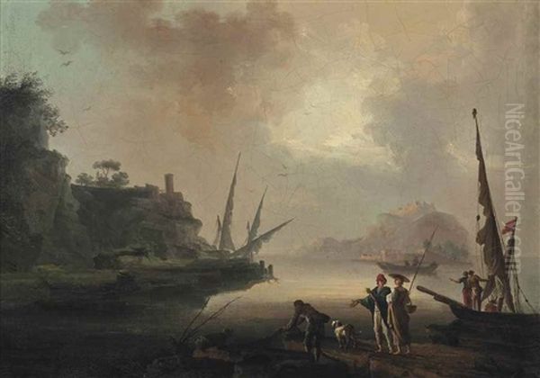 A Mediterranean Harbour Scene, With Fishermen On The Shore And Boats Beyond Oil Painting by Francesco Fidanza