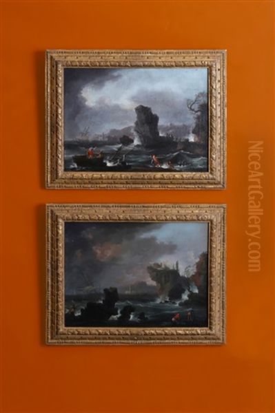 Naufrages Dans Une Mer Demontee Tirant Des Epaves A La Cote Sur Fond De Port Mediterraneen. Pecheurs Observant La Tempete Et Un Navire En Perdition Devant Un Port Mediterraneen (pair) Oil Painting by Francesco Fidanza