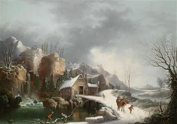 Winterlandschaft Mit Reisenden Bei Einem Flusslauf Und Einem Wasserfall by Francesco Fidanza