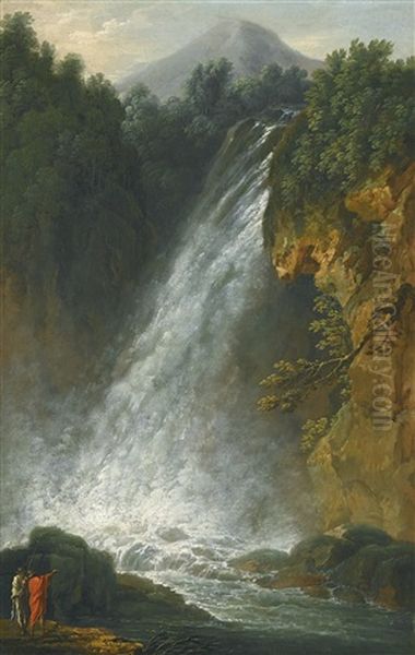 View Of A Traveller And A Fisherman By The Terni Waterfall And View Of A Traveller And Washerwoman By A Waterfall, A Monastery In The Distance (pair) Oil Painting by Francesco Fidanza