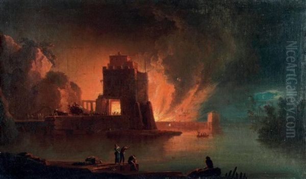 Convoi Fuyant Un Incendie Dans Un Port Mediterraneen Oil Painting by Francesco Fidanza