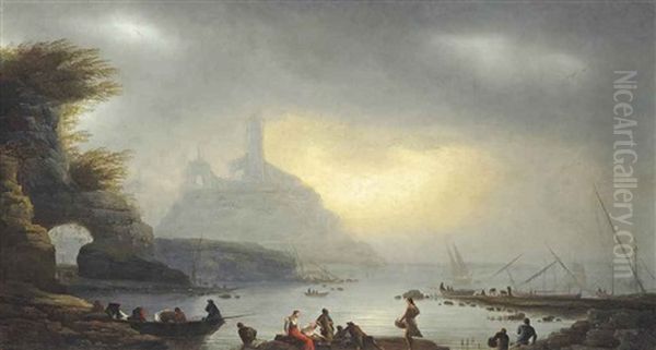 A Mediterranean Harbour Scene, With Fishermen On The Shore And Boats Beyond Oil Painting by Francesco Fidanza